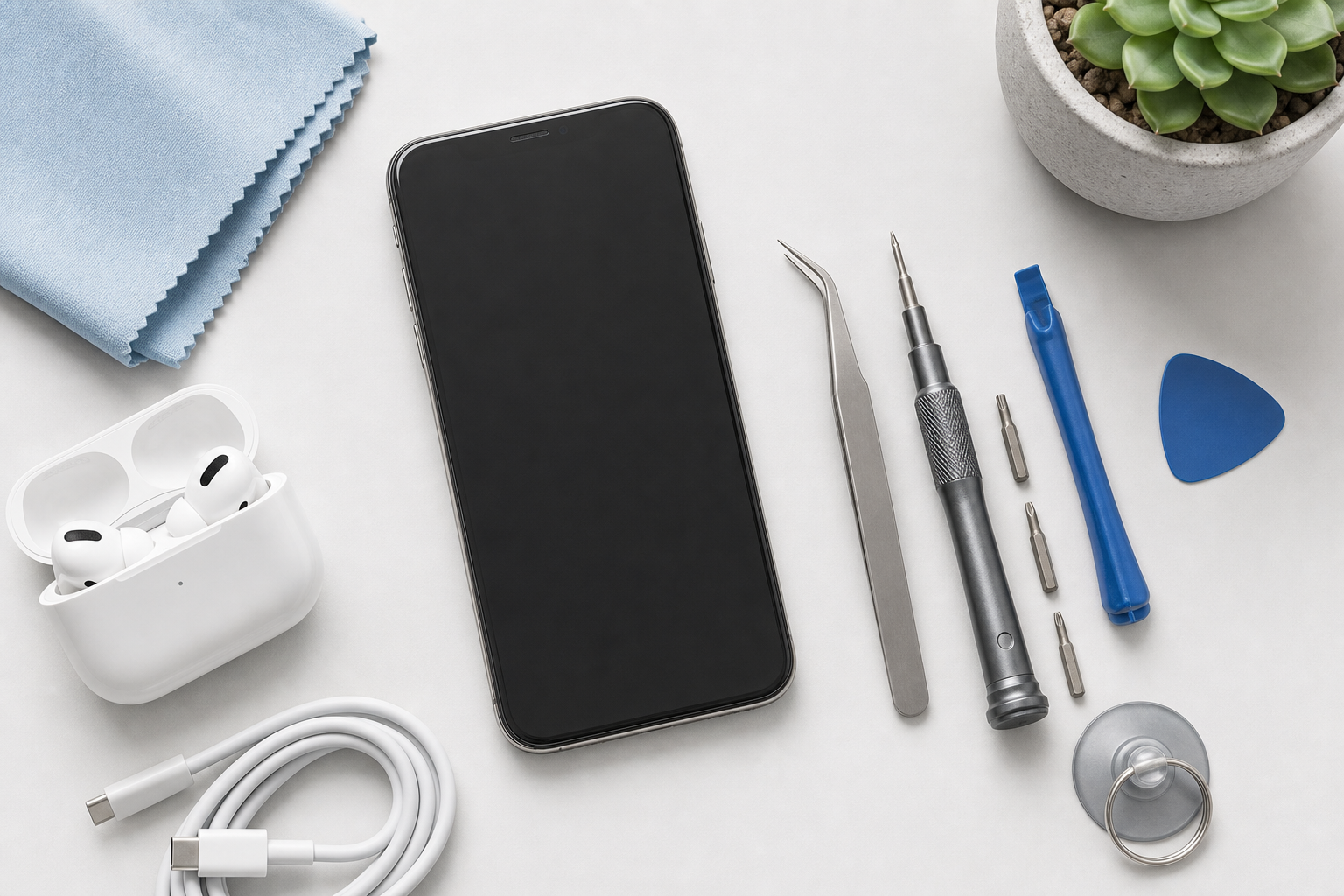 A smartphone surrounded by repair tools and accessories
